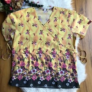 Denice Yellow Cotton Floral Ribbon Print Mock Wrap Back Tie Scrub Tops Womens M